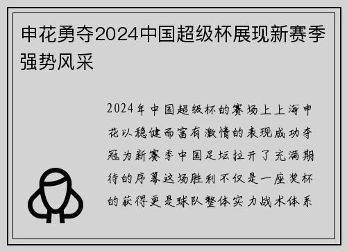 申花勇夺2024中国超级杯展现新赛季强势风采